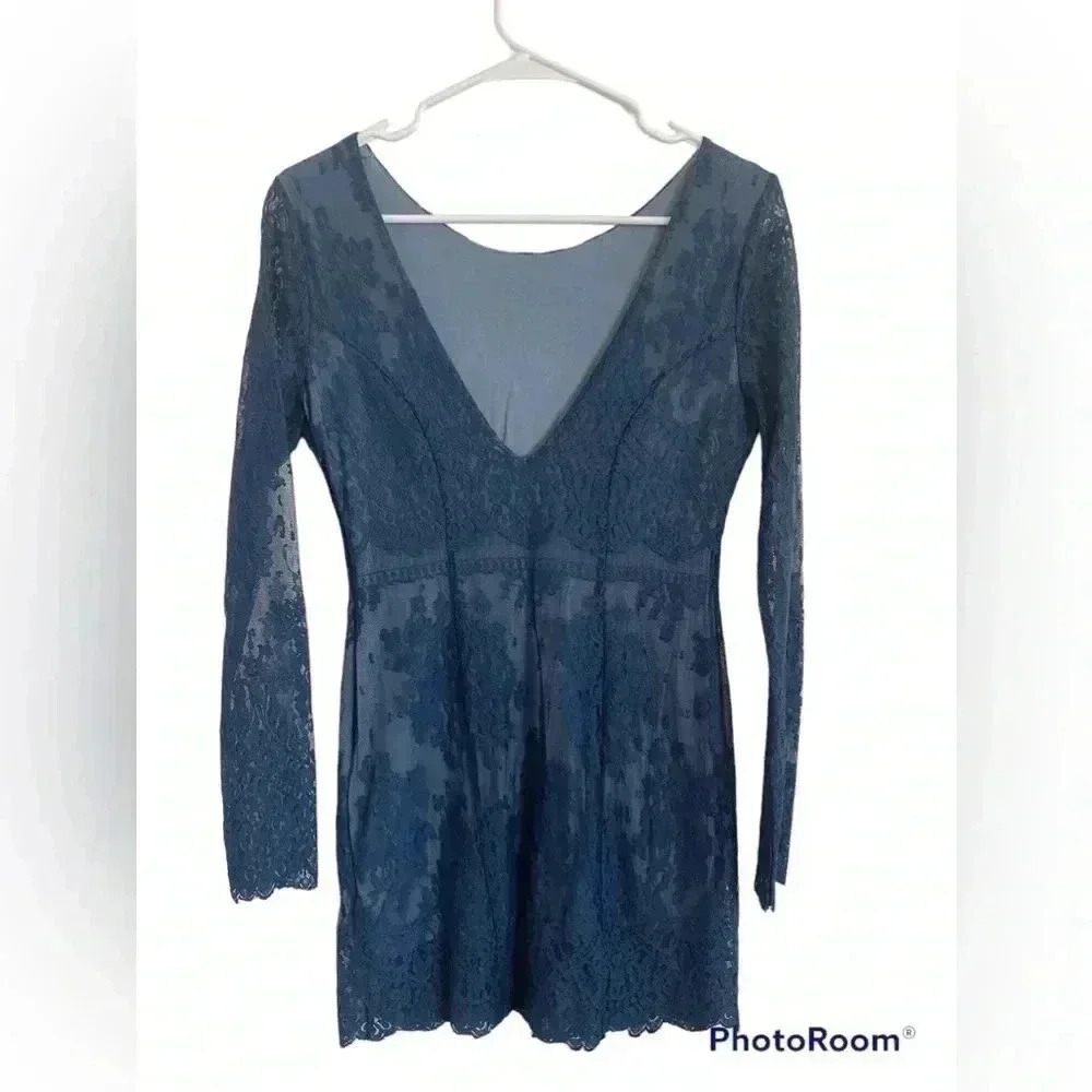 Free People Blue Lace Open Back Mini Dress - Picture 3 of 8